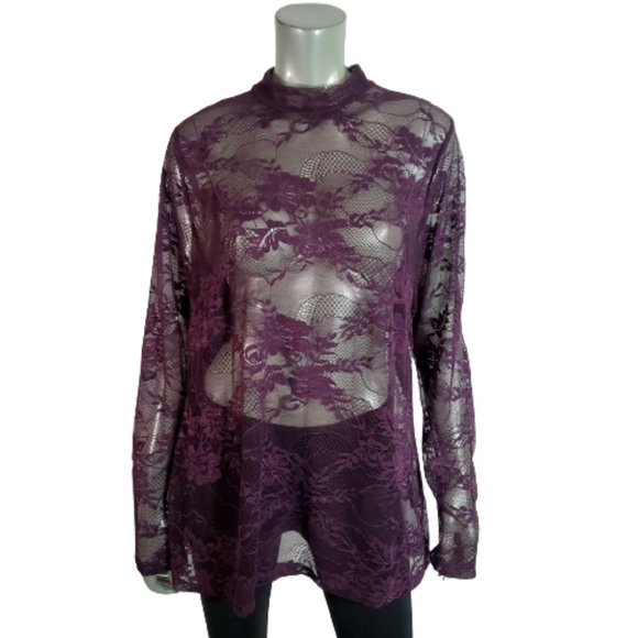 Lane Bryant Top Plus Size 18/20 High Neck Lace Floral Stretch Long Sleeve Purple - Picture 1 of 6